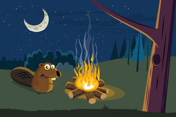 funny cartoon beaver warming up at a campfire
