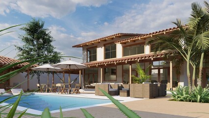 Facade of a beautiful country house, with a swimming pool
