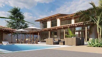 Facade of a beautiful country house, with a swimming pool