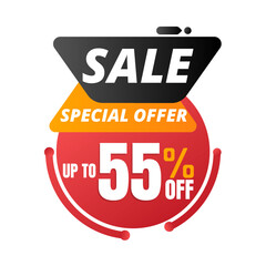 55% percent off, Limited time special sale offer. vector illustration, red and black super discount icon design, Fifty-five 