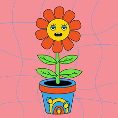 Funny cartoon character. Groovy element funky flower power. Wow. Vector illustration trendy retro cartoon style. Comic element for sticker, square poster, graphic tee print, card.