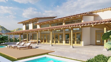 Facade of a beautiful country house, with a swimming pool