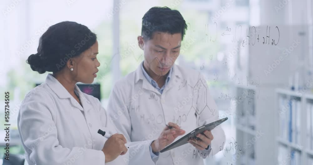 Aufkleber Young biologists or virologist analyzing and discussing chemical compound structure for research on monkeypox virus in a lab. Scientists using digital tablet and transparent board to discuss formulas
