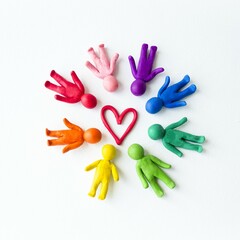 A poster on a white background in a circle lies multi-colored men from plasticine in the middle of a red heart a sign of love.  Gender equality concept, close-up, background image, flat lay.