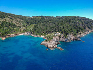 Fototapeta premium Aerial view over Megali Ammos or large sand beach in western Alonissos island, Greece