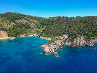 Fototapeta premium Aerial view over Megali Ammos or large sand beach in western Alonissos island, Greece