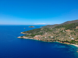 Fototapeta na wymiar Aerial view over Megali Ammos or large sand beach in western Alonissos island, Greece