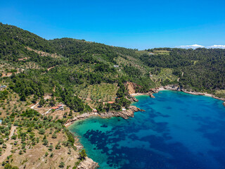 Fototapeta premium Aerial view over Megali Ammos or large sand beach in western Alonissos island, Greece