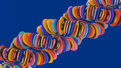 Spirals with bright colorful circle shapes. Blue background. Abstract illustration, 3d render.