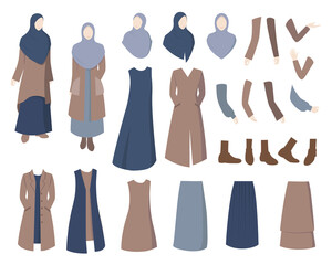 Stylish hijab women creation kit, female character body parts, trendy clothing isolated on white background vector illustration.