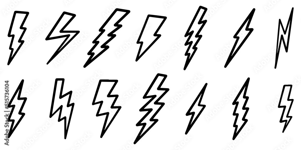 Wall mural set of hand drawn vector doodle electric lightning bolt symbol sketch illustrations. vector illustration.