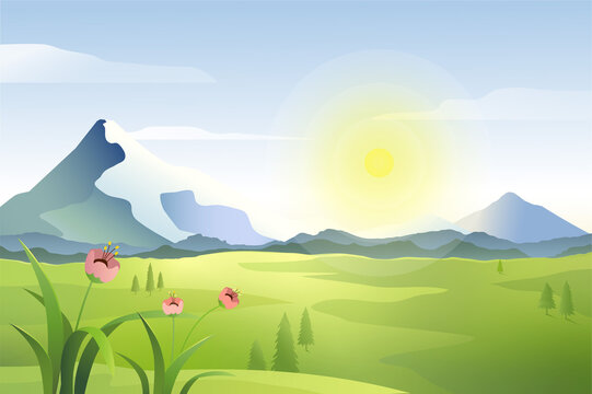 Scenery of wide green meadow  with pines and  blooming flowers, mountains, hills, sunrise and blue sky, valley landscape in summer day. Tranquil rural environment vector illustration.