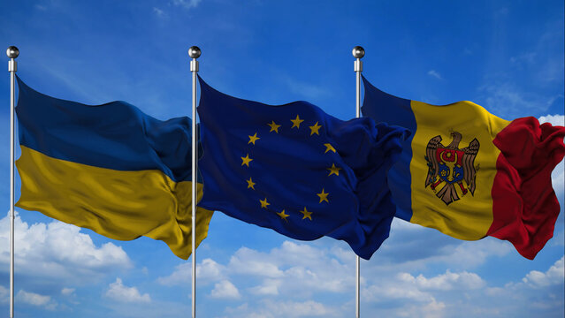 European Union, Ukraine and Moldova flags waving 3D Render against the sky background, Flag of EU textile