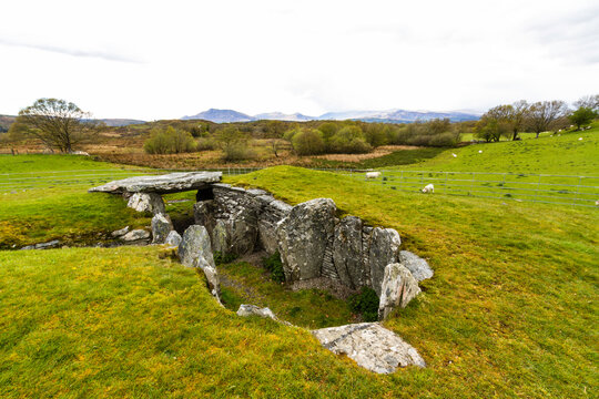 Capel Garmon Burial Chamber with Welsh Mountains in Distance