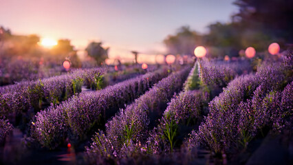 Obraz premium Panorama of the Lavender field at sunset. Lavender garden, Provence. Beautiful sunset. Blurred background, bokeh light. 3D illustration.