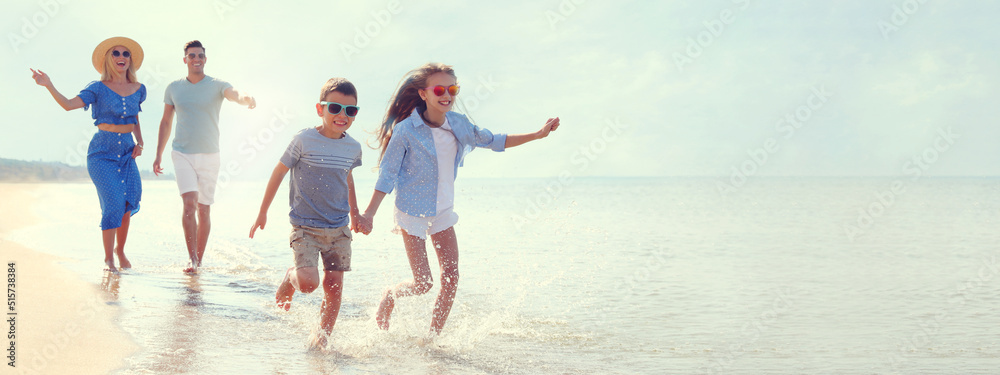 Sticker Happy family at beach on sunny summer day, space for text. Banner design