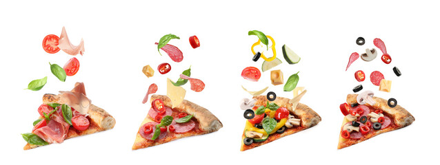 Slices of delicious pizzas and flying ingredients on white background, collage. Banner design