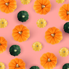 Pattern with autumn pumpkins and green, yellow pattypan squash on pink background. Fall autumn halloween concept. Flat lay, top view. Autumn pattern.