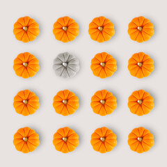Autumn pumkins flat lay background. Minimal seasonal creative concept. Flat lay harvest or halloween concept.
