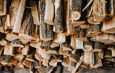 A lot of logs chopped with an ax, dry acacia firewood, fir trees for heating are stacked in a row close-up.