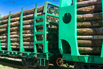 loaded railway wagons for transportation of logs close-up