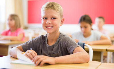Fototapeta premium Schoolchildren sitting in classroom during lesson. Boy looking in camera and smiling.