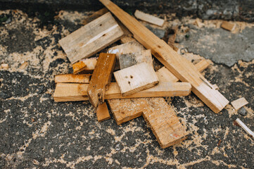 Background, texture of sawn wooden boards, bars with sawdust. - obrazy, fototapety, plakaty