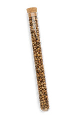 Glass tube with coriander seeds on white background, top view