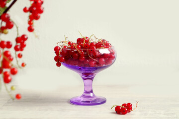Fototapeta na wymiar Delicious summer: red currants in a purple vase on a gray background, bokeh, side view, space for text