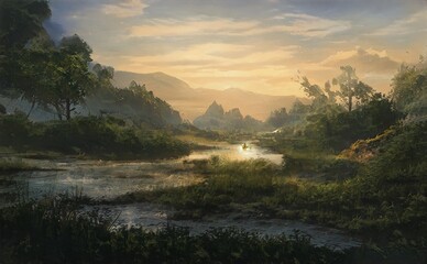 fantasy background, beautiful acrylic painting, stylized painting, unusual fantasy landscape, landscape painting, abstract landscape 3d render