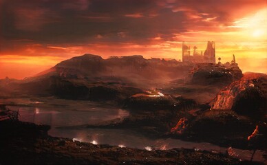 fantasy background, beautiful acrylic painting, stylized painting, unusual fantasy landscape, landscape painting, abstract landscape 3d render