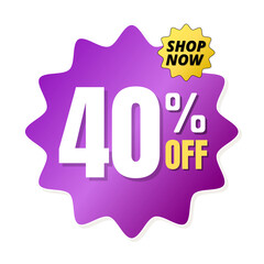 40% percent off(offer),  shop now, purple and yellow 3D super discount sticker, sale. vector illustration, Forty 