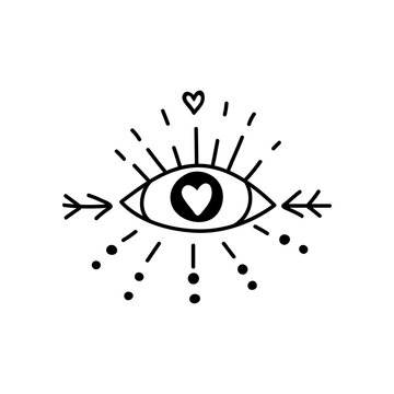 Beauty occult logo with eye and heart. Vector illustration for icon, sticker, printable, logo and tattoo. Doodle style.