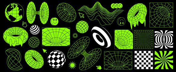 Set of acid trippy abstract wireframe geometric shapes. 00s y2k rave concept for streetwear. Cool dripping psychedelic forms. Crazy neon green and black background with psychedelic mesh