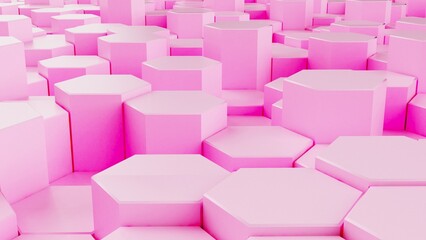 Abstract background with waves made of pure pink futuristic honeycomb mosaic geometry primitive forms that goes up and down under orange back-lighting. 3D illustration. 3D CG. High resolution.