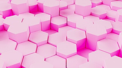 Abstract background with waves made of pure pink futuristic honeycomb mosaic geometry primitive forms that goes up and down under orange back-lighting. 3D illustration. 3D CG. High resolution.