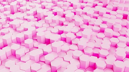 Abstract background with waves made of pure pink futuristic honeycomb mosaic geometry primitive forms that goes up and down under orange back-lighting. 3D illustration. 3D CG. High resolution.