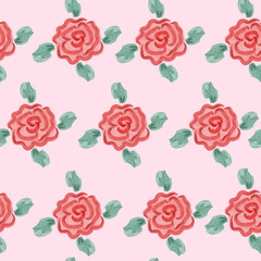 Seamless floral pattern with red roses and green leaves, watercolor. Vector illustration.