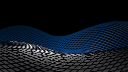 Gradient Black Mathematical Geometric Abstract Line and Surface Wave under Blue Spot Lighting Black Background. Concept 3D illustration of technological innovations, strategies and revolutions.