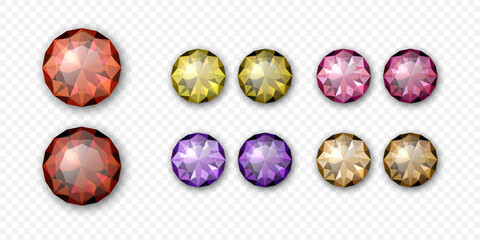 Vector 3d Realistic Gemstone, Crystal, Rhinestones Icon Set Closeup Isolated. Jewerly Concept. Design Template, Clipart. Colored Gems, Crystals, Rhinestones or Gemstones, Top View