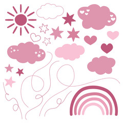 Kolekcja minimalistycznych wektorowych kształtów w boho stylu w kolorze różowym. Tęcza, słońce, gwiazdki, serduszka, chmury i linie do wykorzystania w projektach. - obrazy, fototapety, plakaty