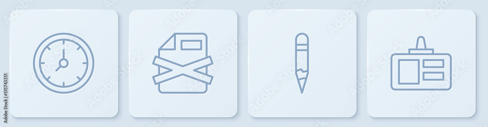 Poster set line clock, pencil, delete file document and identification badge. white square button. vector