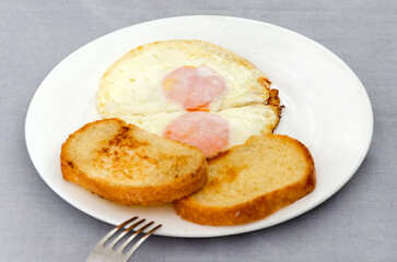 Fried eggs and slices of toasted bread on a white plate. Close-up