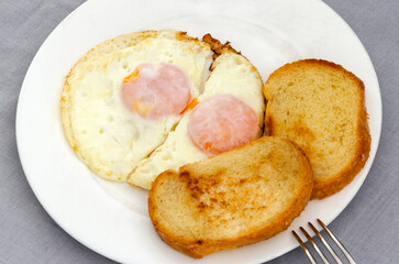 Fried eggs and slices of toasted bread on a white plate. Close-up