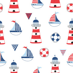 Doodle sea seamless pattern. Nautical vector illustration  with cartoon boat, lighthouse and lifebuoy. 
