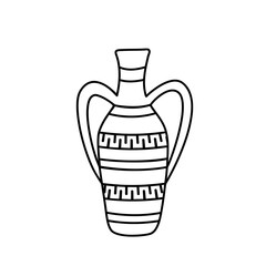 Vector illustration of a clay jug with greek ornament in the doodle style isolated on a white background.