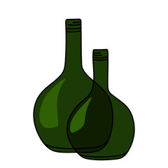 Hand drawn green glass bottles for wine isolated on a white background. Vector illustration.