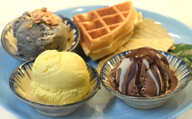 Homemade ice cream with waffle on plate with chocolate syrup