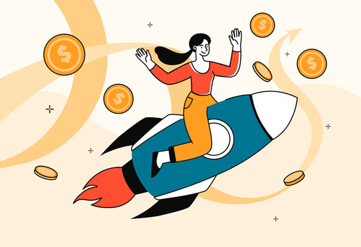 woman riding rocket with coins, financial success clip art preview