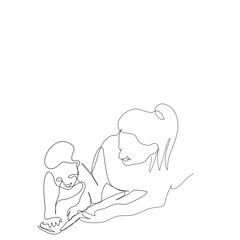 Mother teaching child at home. Happy son and young Mum reading book together.Mum reading fairy book to baby kid at home. Vector isolate flat continue line design of Happy Mother's Day.